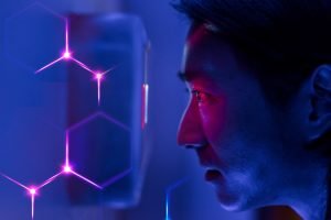 Man scanning his eyes with biometric security technology